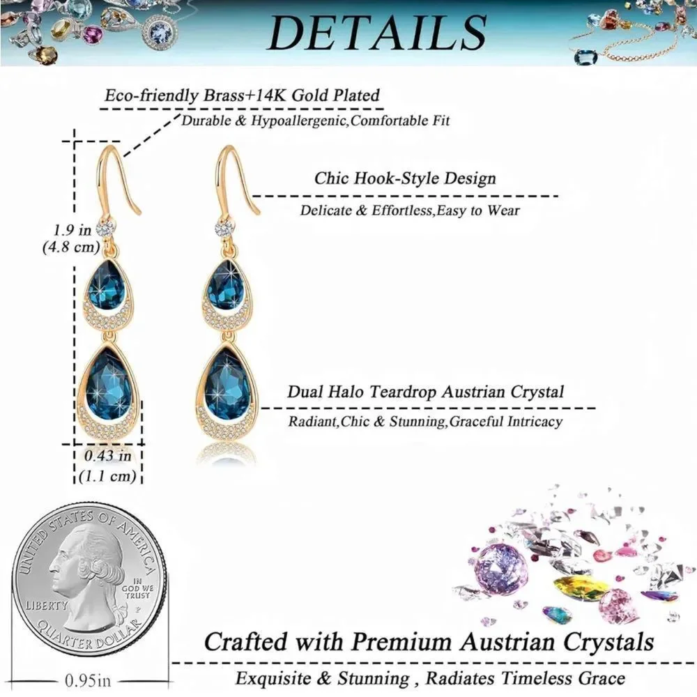 14K Yellow Gold with Blue Sapphire Austrian Crystal Double Teardrop Earrings